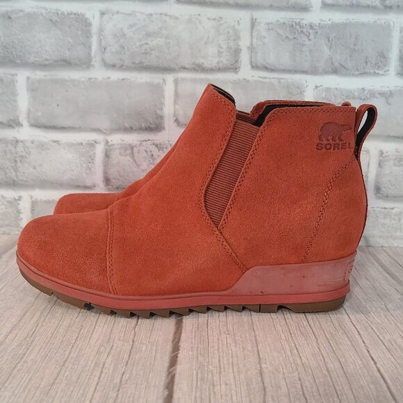 Sorel Suede Leather Evie Pull On Bootie Warp Red Wedge Boots Womens 10.5 - Picture 4 of 8